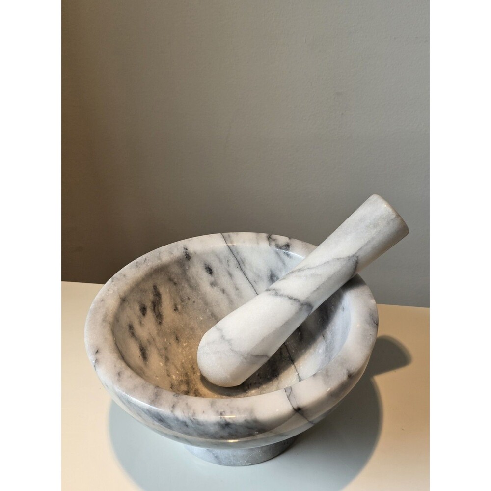 Vintage Marble Mortar and Pestle Set Gray White Natural Stone Kitchen Apothecary